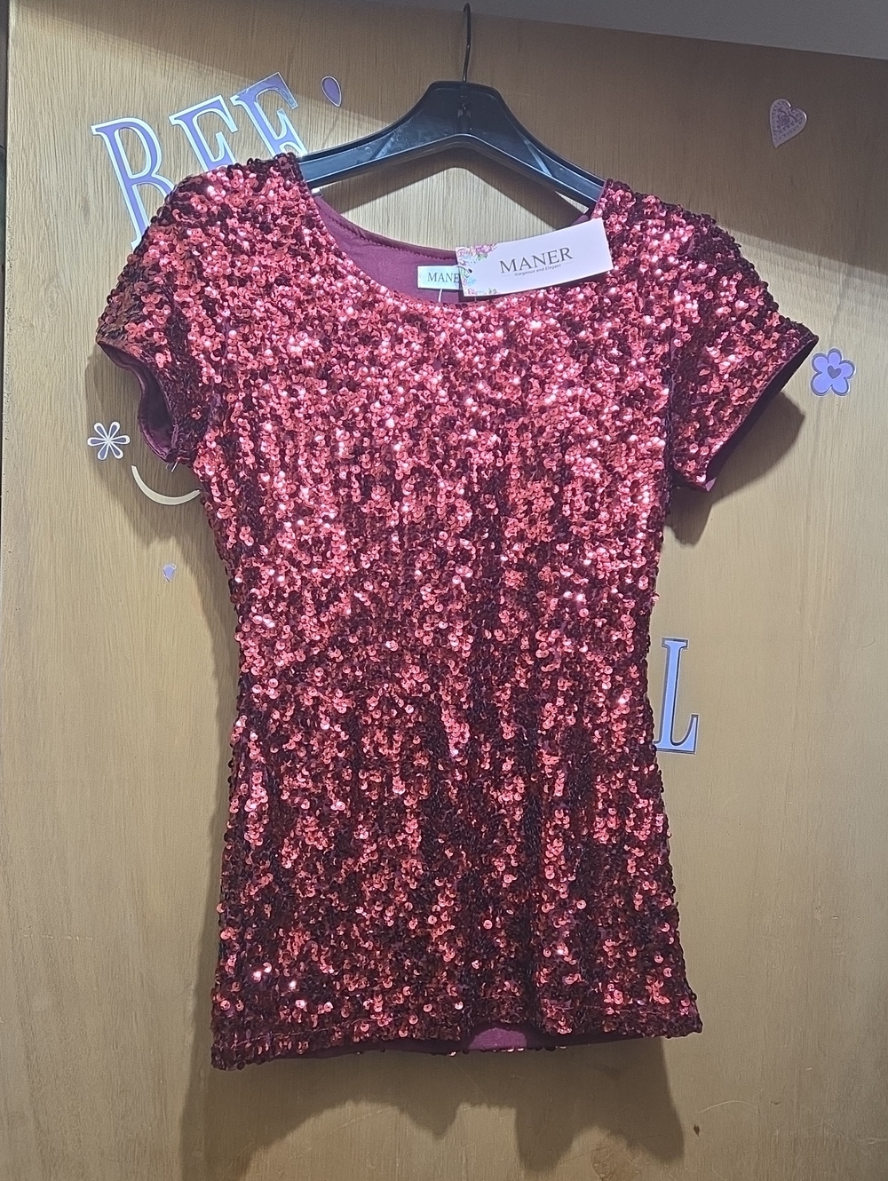 Red Sequin Short Sleeve Top